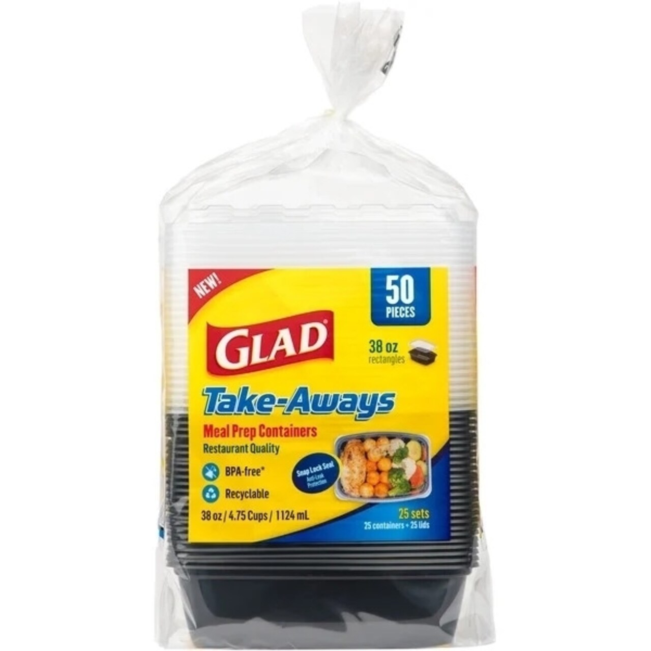 Glad Take-Aways Storage Containers With Lids 38 Ounce (25 Count)
